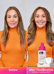 Before and after comparison of a woman's hair with K18 HeatBounce product.